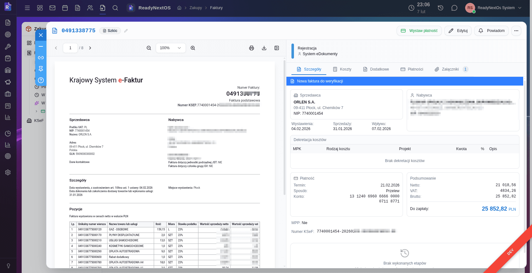 Faktury — widok interfejsu