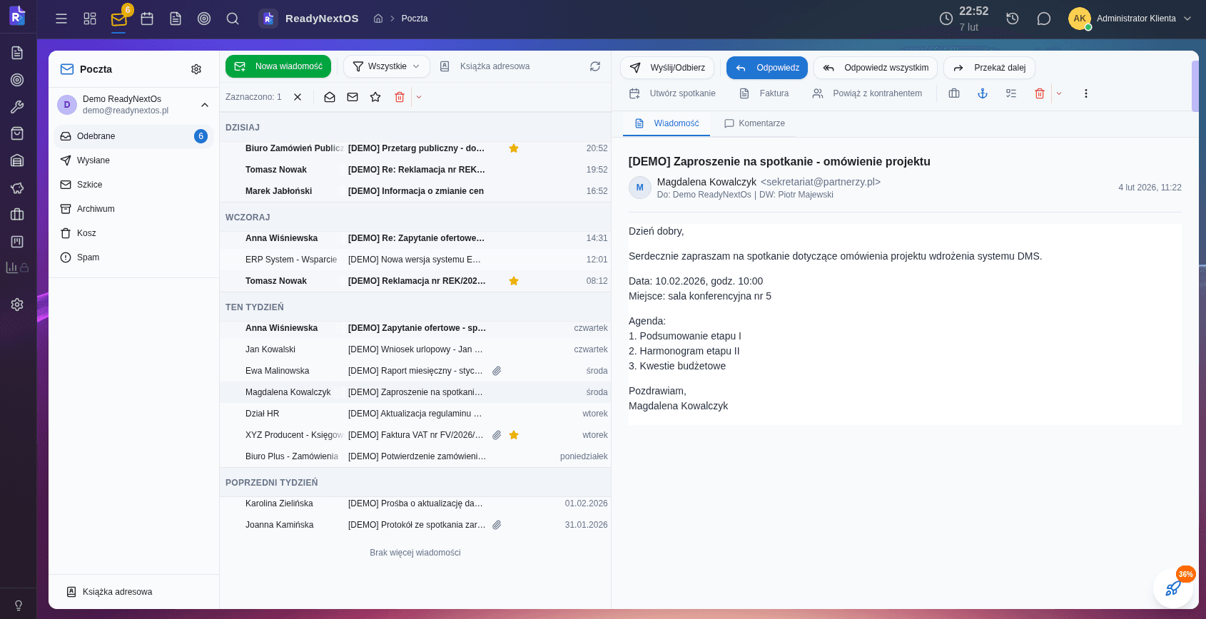 Poczta — widok interfejsu