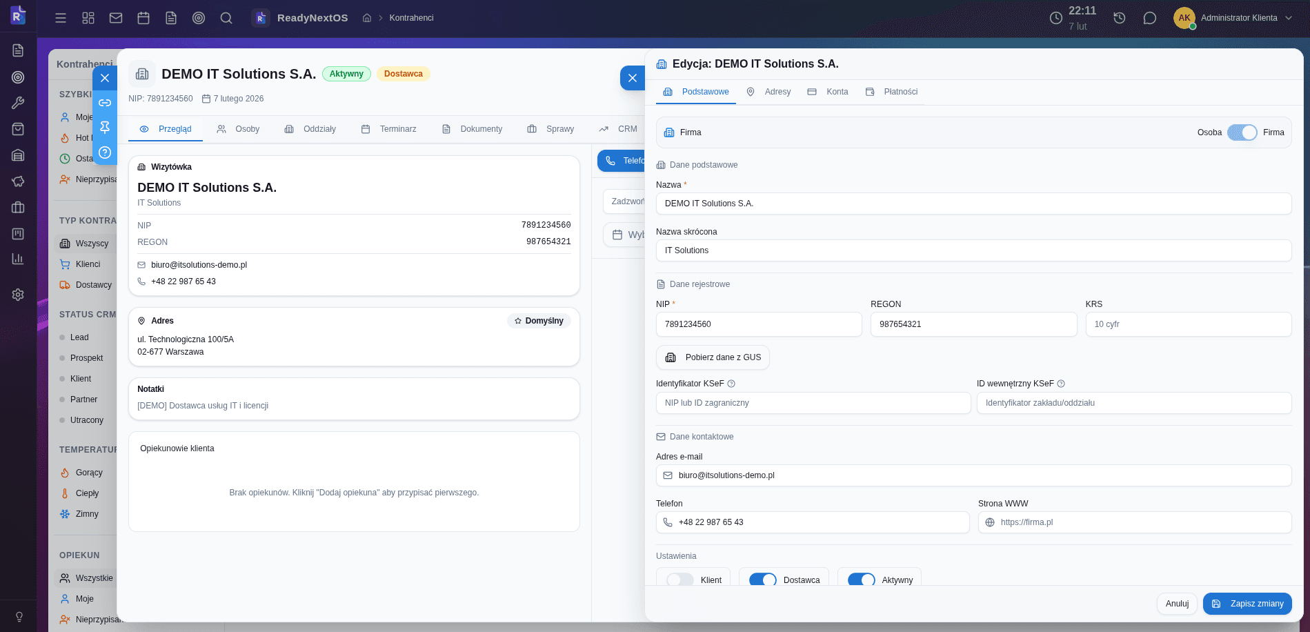 Karta kontrahenta — dane firmy, historia współpracy i edycja