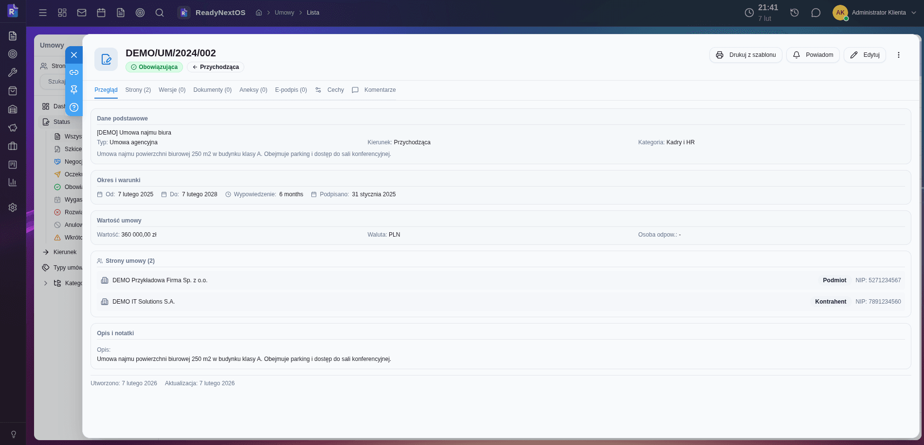 Szczegóły umowy — dane, strony, wartość