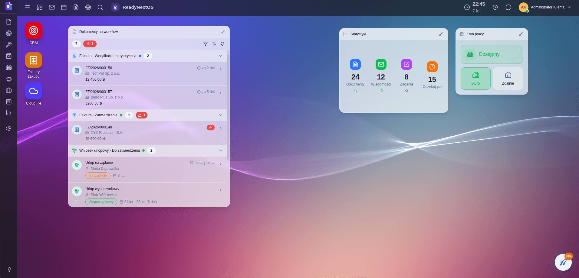 ReadyNextOS — widok pulpitu z modułami